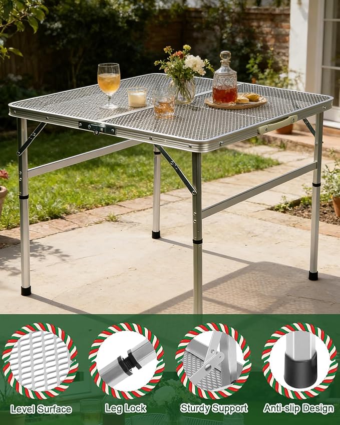 Square Folding Card Table with Adjustable Height (12" & 26"), Silver Portable Metal Mesh Table for Camping, BBQ, Picnic, Game, Patio & Indoor Use, Fits 2–4 People, Lightweight 7.6 lb, Supports 66 lb