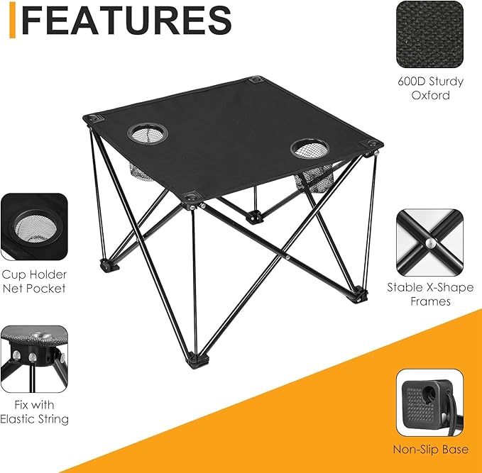 Portable Camping Table, Ultralight Picnic Table Foldable with 2 Cup Holders and Carrying Bag for Outdoor Camping Picnic BBQ Beach Party Patio Fishing, Steel Frame, High-Grade 600D Oxford Fabric