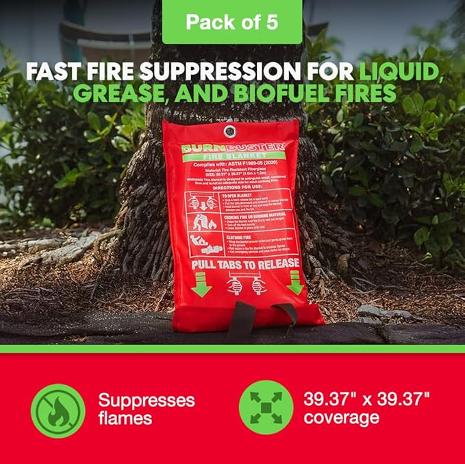 5-Pack Emergency Fire Blanket - ASTM Certified Fire Suppression Blanket for Home, Kitchen, Grill, Camping, Car & More - 40" x 40" Flame Retardant Fabric, No Mess, Easy Deployment