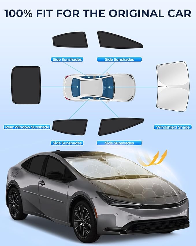 for Toyota Prius 2023-2025 Car Window Shades, 6pcs Privacy Sun Shade Set for Front Windshield Side and Rear Windows, Full Window Covers Keeps Vehicle Cool for Camping Napping