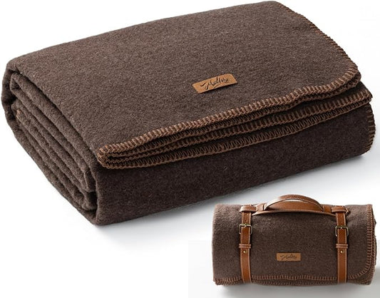 Molithe 100% Wool Blanket, 62" x 86", Warm, Thick, Washable, Military Wool Blanket, Great for Camping, Outdoors, Sporting Events, Survival Kits, Brown