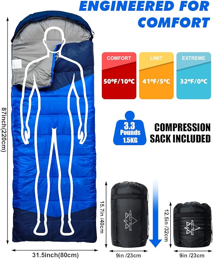 Lightweight 3-Season Sleeping Bag for Adults/Kids Camping, Compact w/Compression Sack, Waterproof Ripstop, Portable for Backpacking Hiking Travel