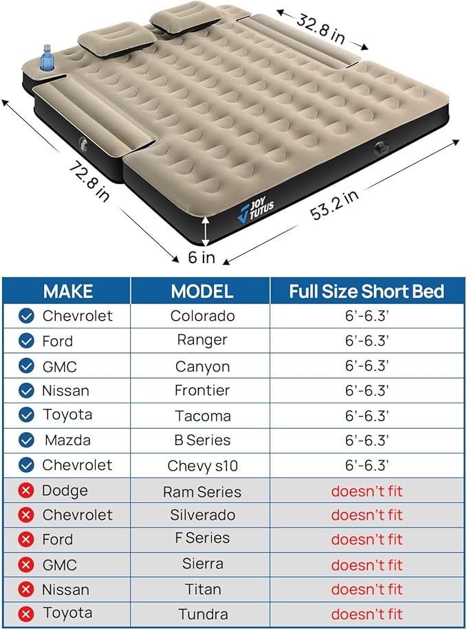 JOYTUTUS Truck Bed Air Mattress for 6.0-6.3Ft, Compact Regular Truck Beds,Anti-Leakage, with Air Pump&2 Pillows, Inflatable Pickup Mattress,Compatible with Tacoma&Ranger&Frontier,Camel&Black