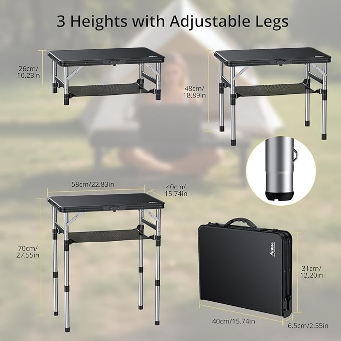 Anbte 2ft Small Plastic Folding Camping Table, Waterproof 3 Adjustable Height Portable Camping Table with Storage Net, Flat Tabletop, for Picnic Indoor Outdoor Travel Beach Patio, 22.8" X 15.7", Black