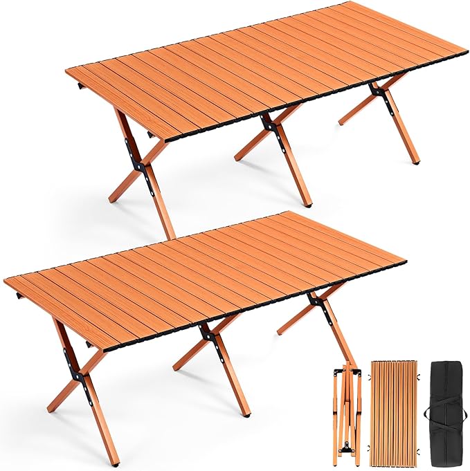 Suzile 2 Pack 4FT Folding Camping Table, Roll Up Portable Camp Table with Carry Bag, Low Collapsible Lightweight Aluminum Outdoor for Camping, Picnic, Beach, Patio, Kitchen(Nut Brown)