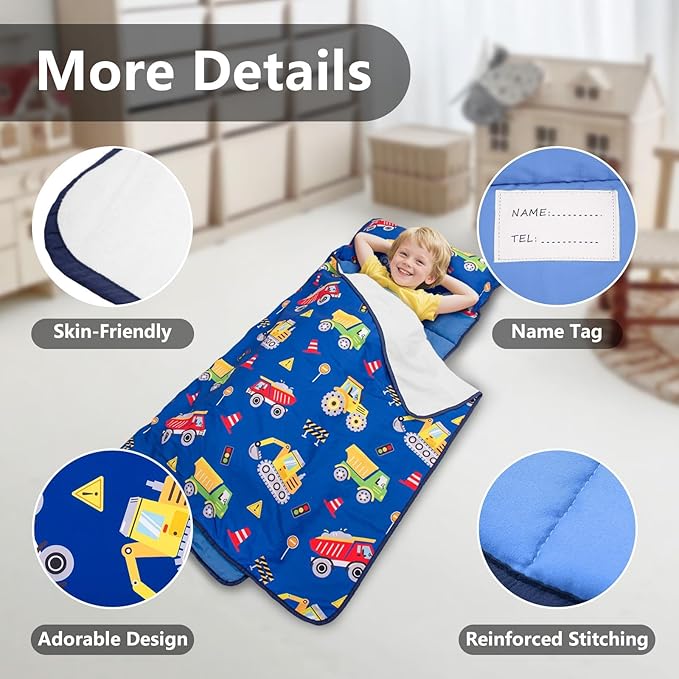 Primlect Lightweight Toddler Nap Mat, Portable Rolled Design Perfect for Daycare Travel, 51”x31 All-in-One Sleeping Bag with Removable Pillow and Fleece Blanket for Boys Girls, Machine Washable