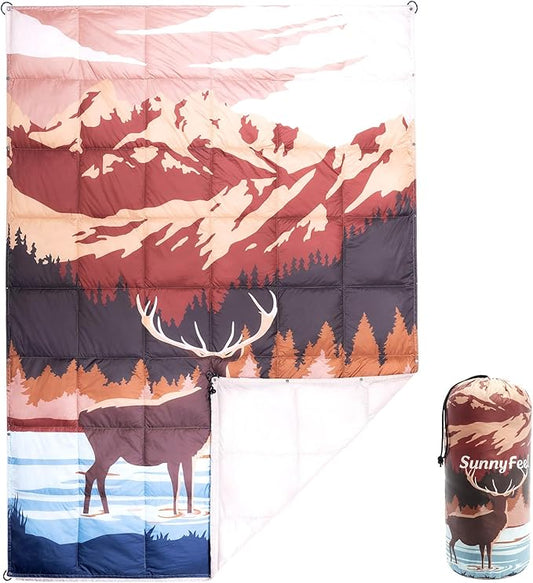 SUNNYFEEL Outdoor Camping Blanket,55"x79", Single-Sided Printed Polyester Camping Blanket for Traveling Hiking Picnic Stadium Beach Party,Elk