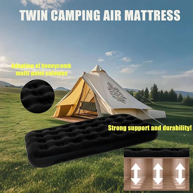 Onirii Twin Size Single Camping Air Mattress Bed with Air Pump,75"x 39"Thickened Portable Inflatable Mattress Blow Up Air Mattress,Travel Sleeping Bed Pad for Camping Home Hiking(Black)