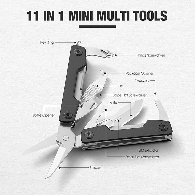 11-in-1 Mini EDC Multitool - Scissors, Pocket Knife, Keychain, Bottle Opener and Screwdriver, Stainless Steel EDC Multitool for Outdoor Camping Survival, Hiking, Simple Repair