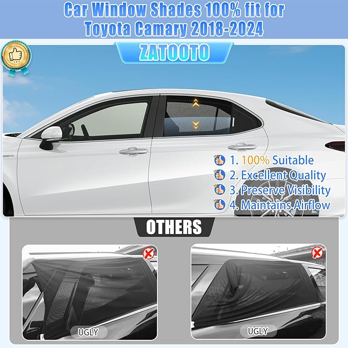 ZATOOTO Car Window Shades Camry 2018-2024 for Rear Window 2Pack car Shades for Back Windows Baby & Pet | Blocks 99% UV Rays & Heat | Breathable Mesh for Privacy & Bug Protection | Camping & Travel