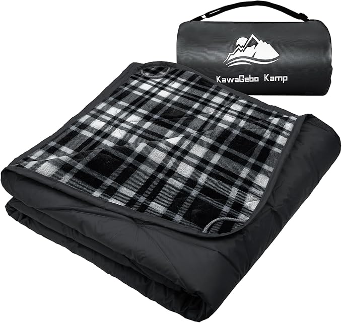 Large Outdoor Waterproof Blanket Extra Thick Fleece Stadium Blanket for Camping, Car, Pet, Picnics - Windproof, Wearable, Machine Washable 80" x 58" (Black Check)