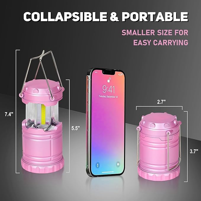 2-Pack Mini LED Pink Camping Lanterns, Portable Camping Lights, Outdoor Handled Lamps, Essential Emergency Lights for Power Outages, Hiking, Hurricane