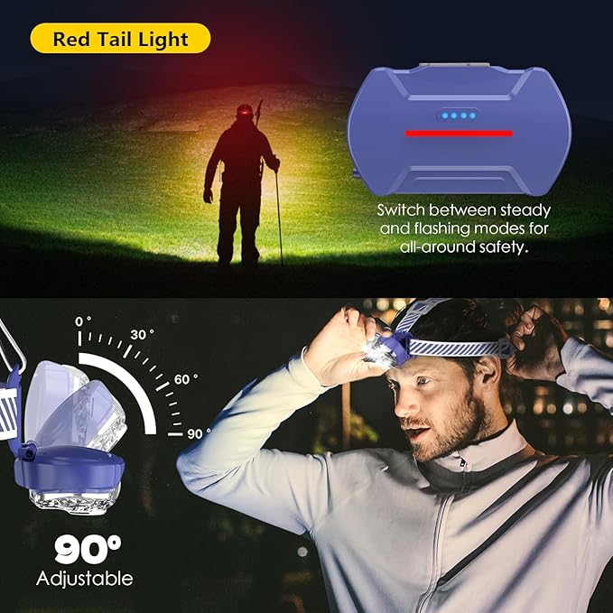 MIOISY Rechargeable Headlamp, High Lumen Bright 5 LED Head Lamp with Red White Light,IPX4 Waterproof Headlight,8 Mode Head Flashlight for Outdoor Running Hunting Fishing Hiking Camping Gear-Blue
