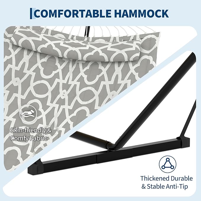 2 Person Double Hammock with Stand & Pillow, 450 LBS Heavy Duty Outdoor Hammock with Balance Rope for Patio Backyard Poolside
