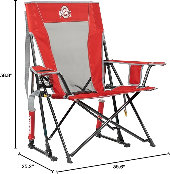 GCI Outdoor Comfort Pro Rocker Camping Chair | Portable Folding Rocking Chair with Durable Armrests & Drink Holder | Official Collegiate Licensed Sideline Sports Chair | Ohio State Buckeyes