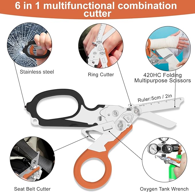 6-in-1 trauma shears - emergency responders, outdoor emergencies, medical staff, and outdoor camping, Gift box packaging with scissors storage K sheaths (Black Orange)