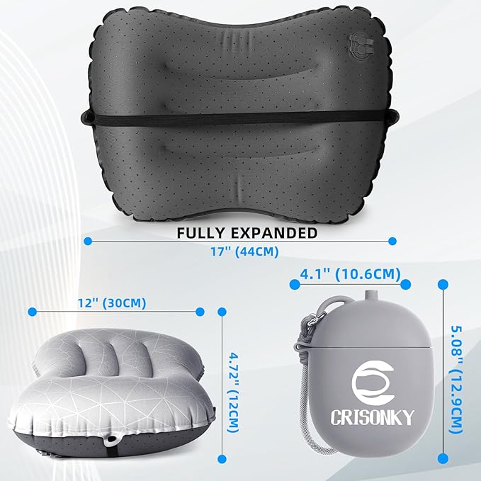 Crisonky Camping Inflatable Pillow with 2-in-1 Silicone Air Pump Storage Bag – Ultralight Travel Pillow for Airplane, Lumbar Support, Dual Valve Easy Inflate, Compressible Ergonomic (Grey)
