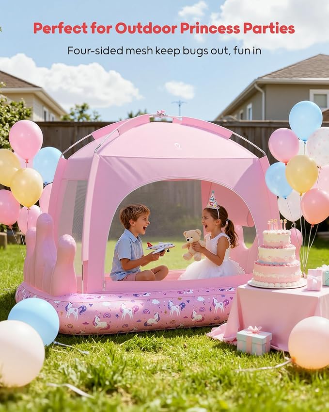QPAU Princess Inflatable Toddler Bed with Tent, Blow Up Toddler Travel Bed with Sides, Portable Kids Air Mattress for Girls, Ideal for Home, Grandma’s, Camping & Sleepovers – Includes Electric Pump