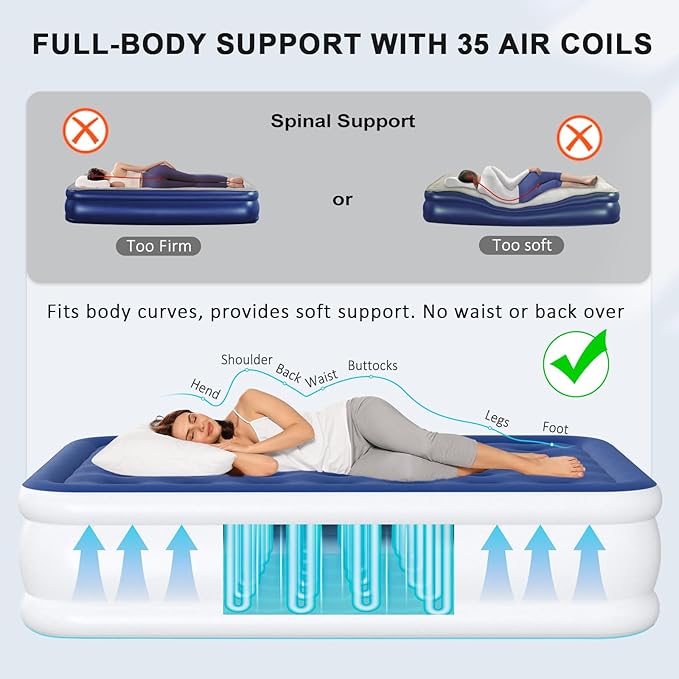 Full Air Mattress with Built in Pump, 18" Raised Inflatable Mattress, Self Inflating Blow Up Bed, Comfort Portable Air Bed with Carry Bag for Camping, Home, Guests, Travel 650 lbs Max