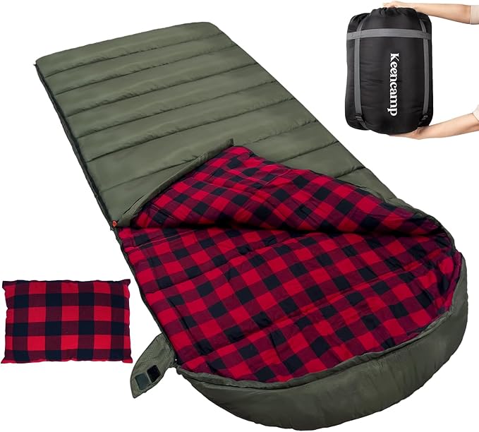 Keencamp 0 Degree Sleeping Bag Cotton Flannel Winter Cold Weather for Adults XXL Sleeping Bag 4 Season Big and Tall with Pillow Compression Sack