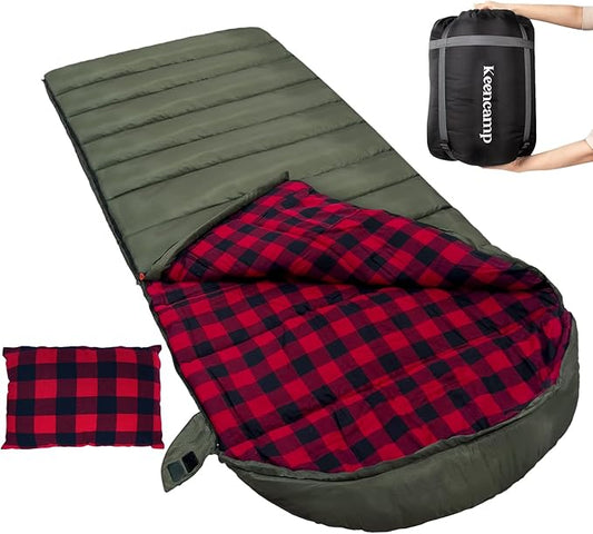 Keencamp 0 Degree Sleeping Bag Cotton Flannel Winter Cold Weather for Adults XXL Sleeping Bag 4 Season Big and Tall with Pillow Compression Sack