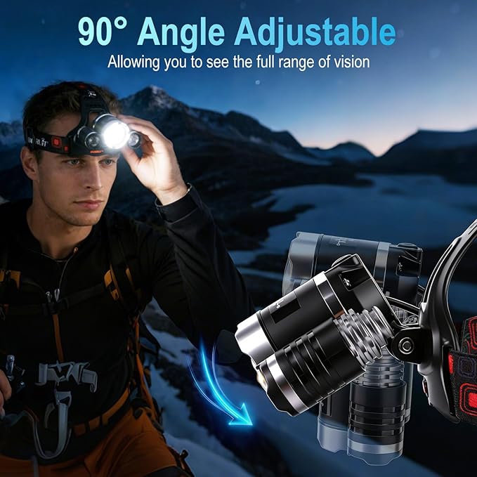 BORUIT RJ-3000 Headlamp Rechargeable, LED Head Lamp Super Bright - Outdoor Headlight 4 Modes, 4 Helmet Clips, Waterproof Construction Hard Hat Head Light for Adults Camping Hiking Hunting