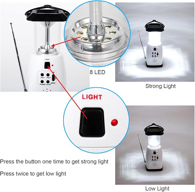 HOSHINE Solar Dynamo Multi-Functional 4-Way Powered Emergency Hand Crank FM Radio LED Camping Lantern Flashlight Phones Charger (White)