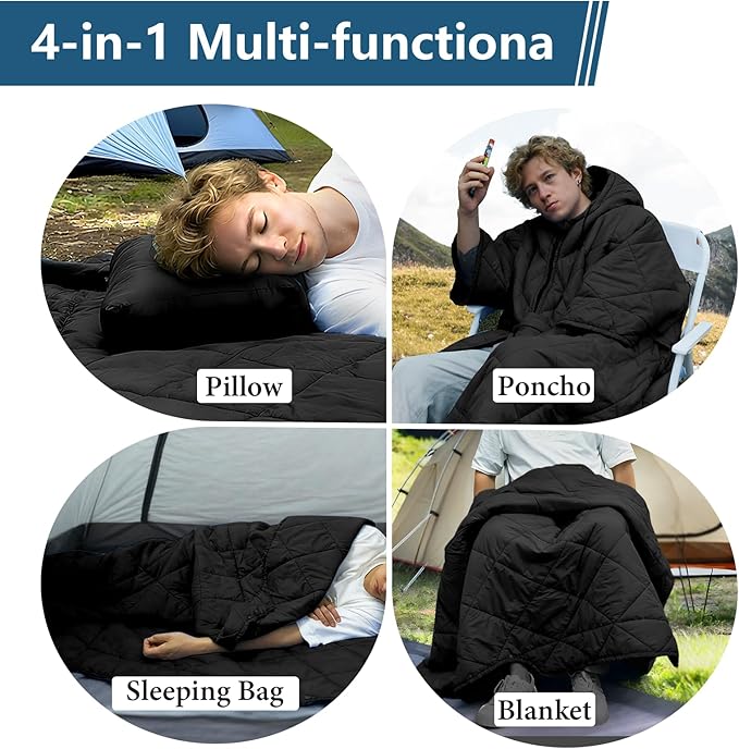 Camping Outdoor Blanket, Ultralight Down Alternative Printed Travel Camp Blankets for Sleeping Packable Waterproof Puffy Quilt for Hammock Picnic Stadium Beach Cold Weather (Black Blanket Poncho)