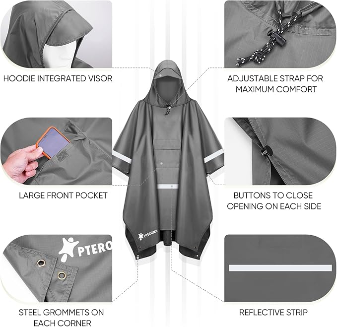 PTEROMY 3-in-1 Hooded Rain Poncho for Adult with Pocket, Waterproof Lightweight Unisex Raincoat for Hiking Camping Emergency