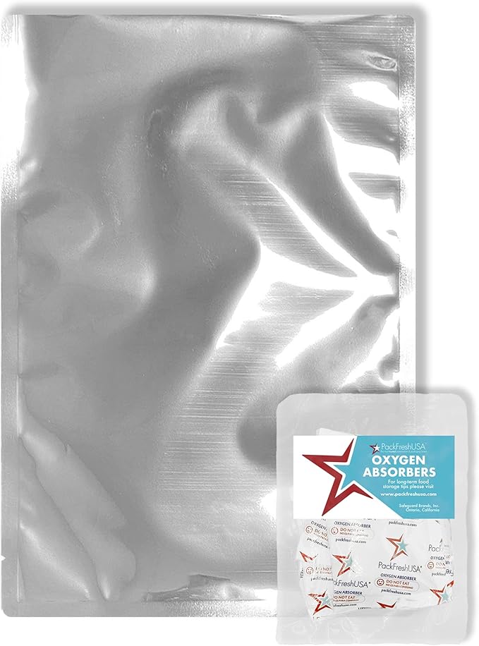 PackFreshUSA: Quart (8" x 12") AirTight Mylar Bags -300cc High-Capacity Oxygen Absorbers - Long-Term Food Storage - Genuine Standard Thickness - Heat Sealable - Free Guide - Pack of 100