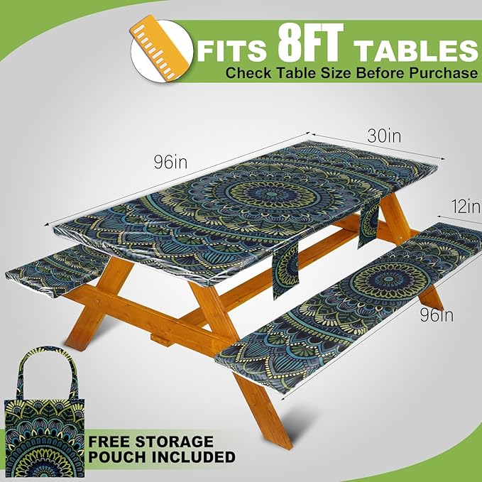 Picnic Table Cover with Bench Covers Vinyl Elastic Edges Fitted Rectangle Seat Tables Waterproof 3-Piece96X30in Set Outdoor Rectangular Folding Backing Tablecloth for Camping Over Size