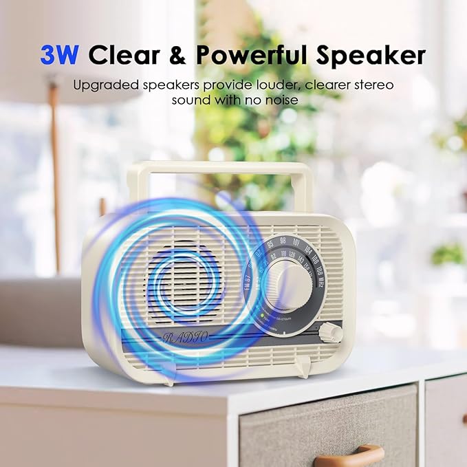 Portable AM FM Radio Plug in Wall or Battery Operated Radio with Best Reception, Bluetooth,Headphone Jack,Large Dial Easy to Use for Seniors Elderly Cream