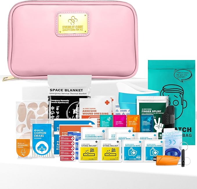 EVERLIT CARE Car First Aid Kit with Emergency Supplies Survival Gear Including Window Breaker Disposable Urine Bag Mountable Survival Kit for Family Travel in Car (Pink)