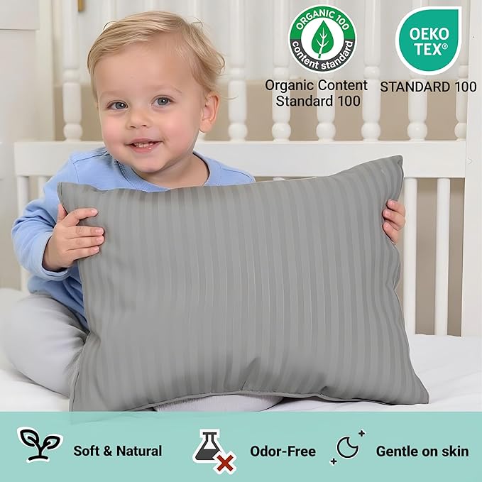 ZPECC Toddler Pillow with Pillowcase - 13x18 Organic Cotton Hypoallergenic Kids Pillow, Baby Essentials for Travel Crib Daycare Stroller (Intended for Age 2 and up) Grey Stripe
