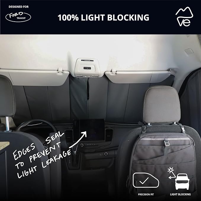 VanEssential Insulated Reflective Blackout Window Cover Designed for Ford Transit High/Medium Roof Front Windshield - Charcoal Gray Reflective