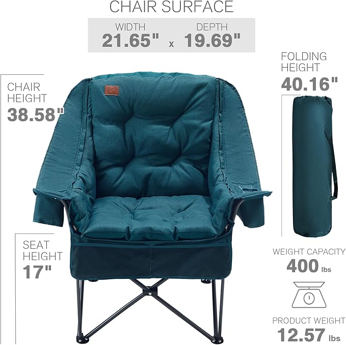 EVER ADVANCED XL Camping Chair with Detachable Cushion, Mesh Chair for Adults Foldable, Oversized Heavy Duty Folding Chair with Cooler Mesh Pocket Cupholder Outdoor Fishing, Supports 400LBS Green