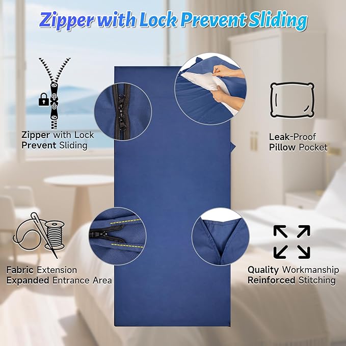 Lightweight Sleeping Bag Liner, Travel Sheets and Adults Sleep Sack, 220 x 95cm with Full Lockable Zipper and Travel Buckle - Portable & Easy Care, Idea for Backpacking, Camping, Hotels, and Trips