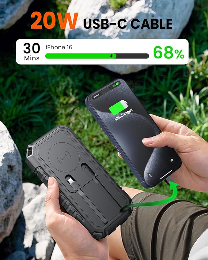 Riapow Solar Charger Power Bank - 27000mAh Wireless Portable Charger Built in 2 Cables - 22.5W Fast Charging Battery Bank with USB C in/Output - PD QC 3.0 Battery Pack Flashlight for Outdoor