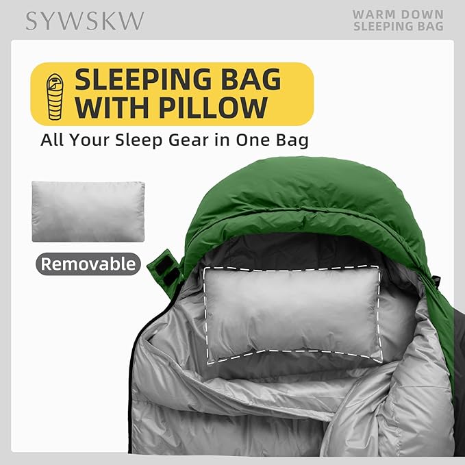Ultralight Down Sleeping Bag with Pillow,15°F 32°F 46°F Sleeping Bag for Women,Men,Youth Backpacking,Hiking and Camping Outdoor with 680FP Duck Down