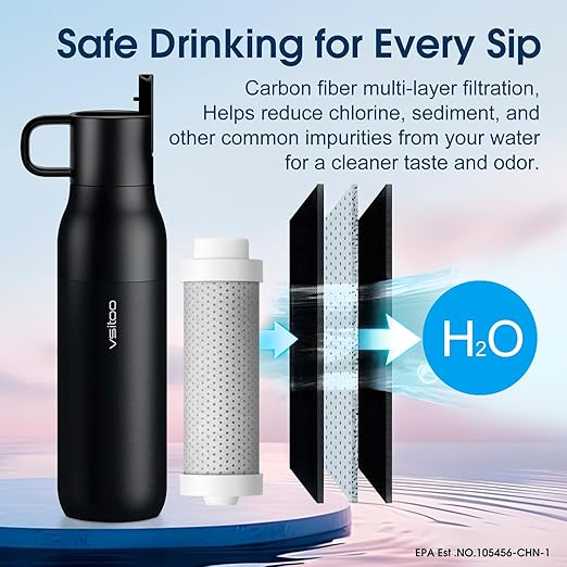 VSITOO 25oz Insulated Stainless Steel Filtered Water Bottle for Travel and Everyday Use，5-Stage 0.01μm Ultra-strong Filtration，Reusable，Improves Taste，for Hiking, Cycling, Gym & Outdoor Use，Black