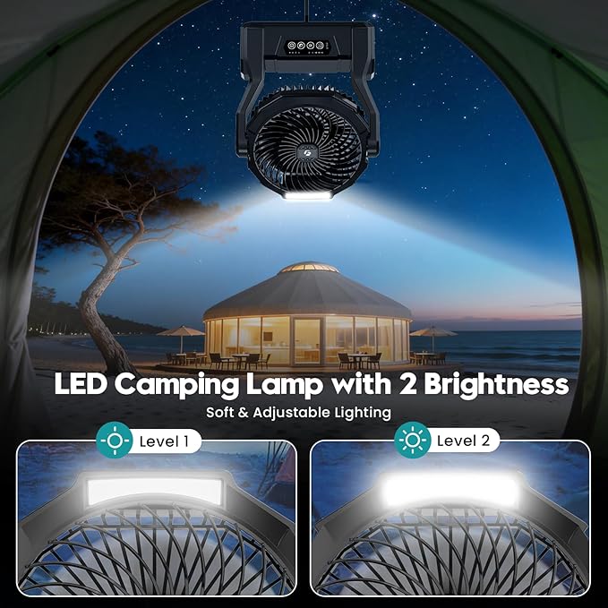 Fentara1 20000mAh Camping Fan with 64H Runtime, Rechargeable Battery Powered Portable Fan with LED Light, Quiet Travel Tent Fan for Camping, Hurricane, Fishing, Indoor Outdoor, Gifts for Men