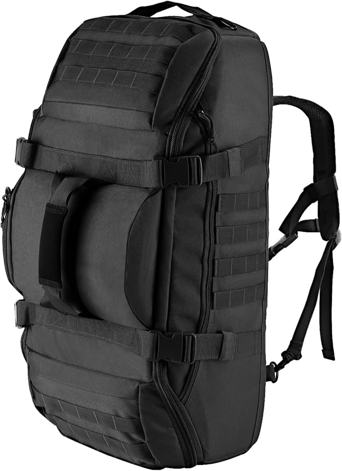 Hannibal Tactical 65L Large Duffle Bag, 3-in-1 Tactical Backpack MOLLE Pack for Workout, Sports, Gym, Outdoor, Black Red Patch