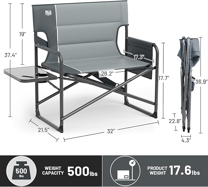 Timber Ridge XXL Director’s Chair – Heavy Duty Folding Camping Chair for Adults, 500lb Capacity, Extra Wide Padded Seat for Camping, Sports, Lawn, Courtyard, and Outdoor Use, Grey