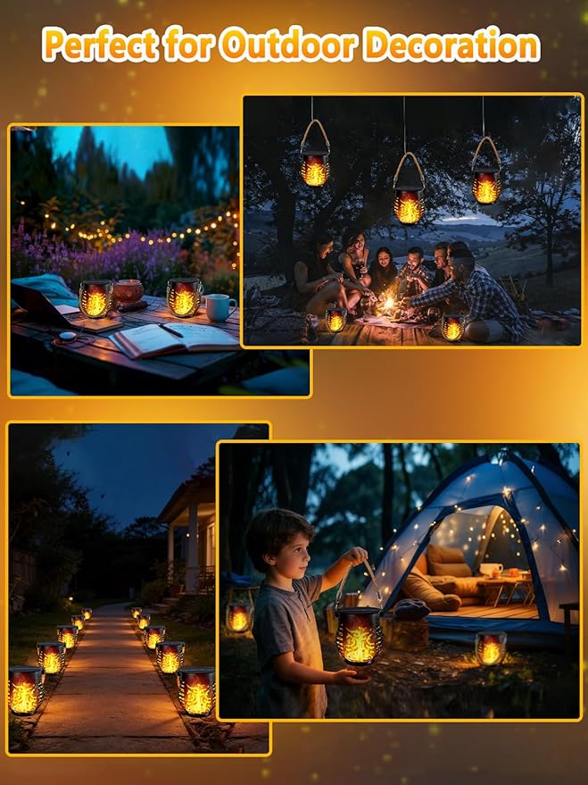 6 Pack Solar Lights Outdoor Waterproof, Solar Lantern with Realistic Flickering Flame, Auto On/Off Solar Powered Garden Light with Hemp Rope Handle for Outside Tree Patio Porch Camp Tabletop Decor