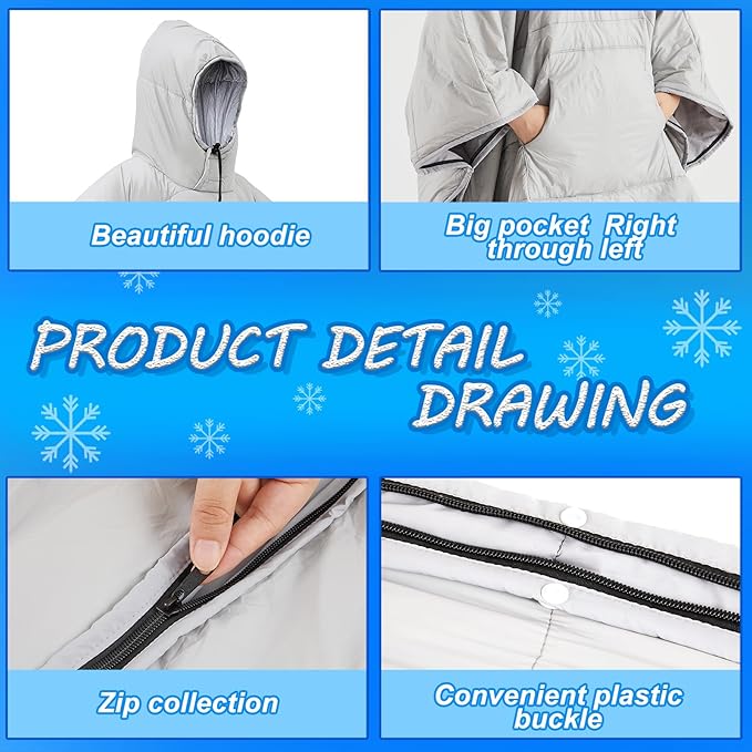 Preboun Thermal Poncho Wearable Hooded Blanket Winter Poncho Wearable Sleeping Bag Water Resistant Windproof for Men Women