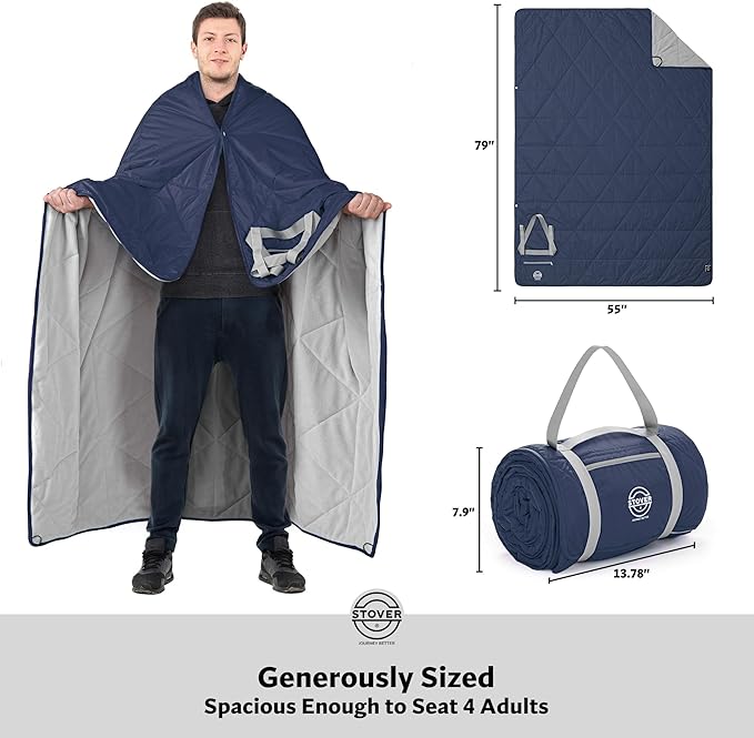 STOVER Large Waterproof Outdoor Stadium Blanket- Extra Thick Soft Fleece Camping Blanket for Travel, Picnics, Sports, Dogs 79"x55", Warm, Windproof, Sand-Proof, Lightweight, Packable (Alpine Blue)