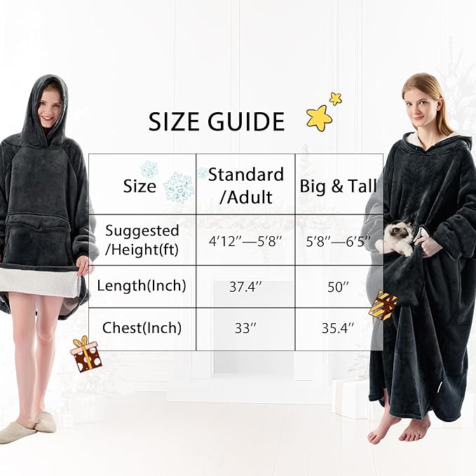 Krifey Big & Tall Wearable Blanket Hoodie with Cat Pocket, Extra Long Oversized Fleece Blanket for Adults, Cozy Birthday Gifts, Christmas Gifts