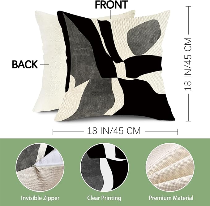 Abstract Geometric Decorative Throw Pillow Covers 18 x 18 Set of 4, Black White Grey Modern Aesthetic Porch Outdoor Home Decor, Minimalist Sofa Couch Cushion Case