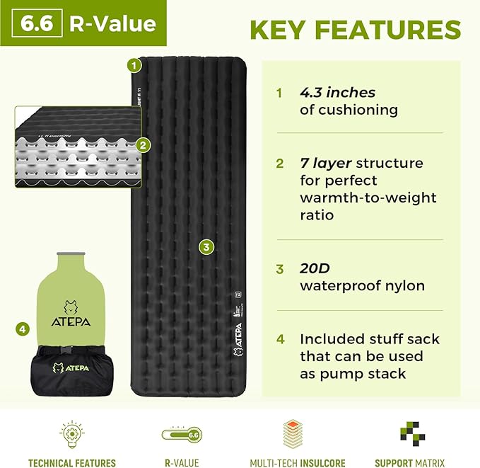 ATEPA ThermAir Pro Backpacking Inflatable Sleeping Pad, 6.6 R-Value Insulated Ultralight Portable Camping Pad Thick Camping Mat for Camping Backpacking Tent, Wide Long Size 78"x27", Black