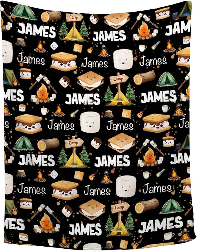 Custom Marshmallow Blanket with Name | Personalized Camping Blanket for Girls Boys | Ultra Soft Customized S'Mores Throw for Couch/Sofa/Travel/Camping Home Decor - 40"x50"-Kids/Throw Size